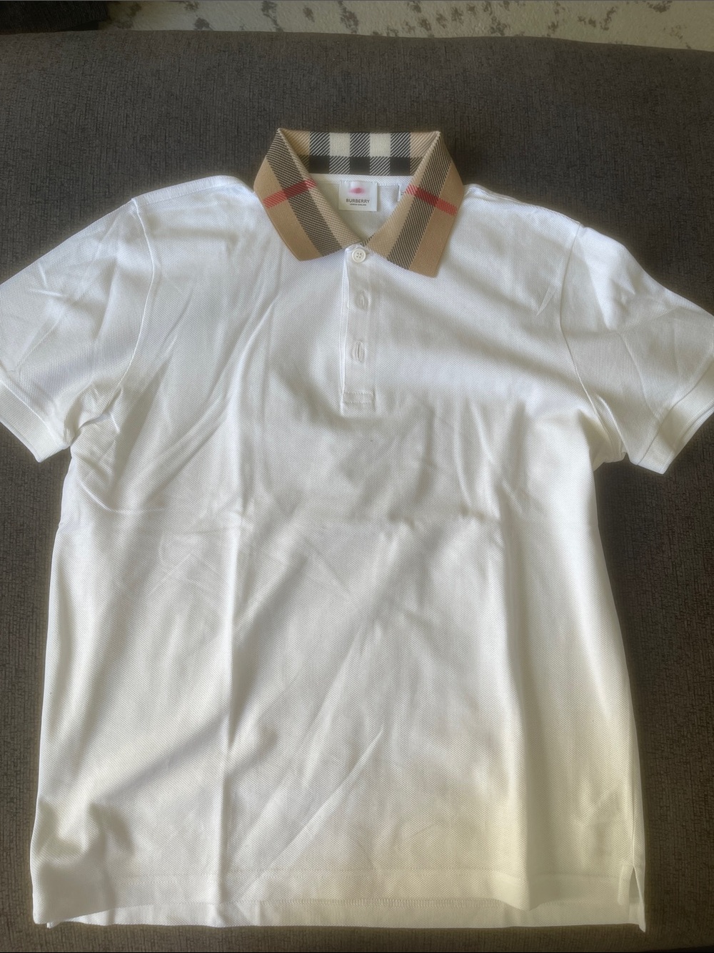 Burberry White Polo with Signature Beige Check Collar and Red Accent